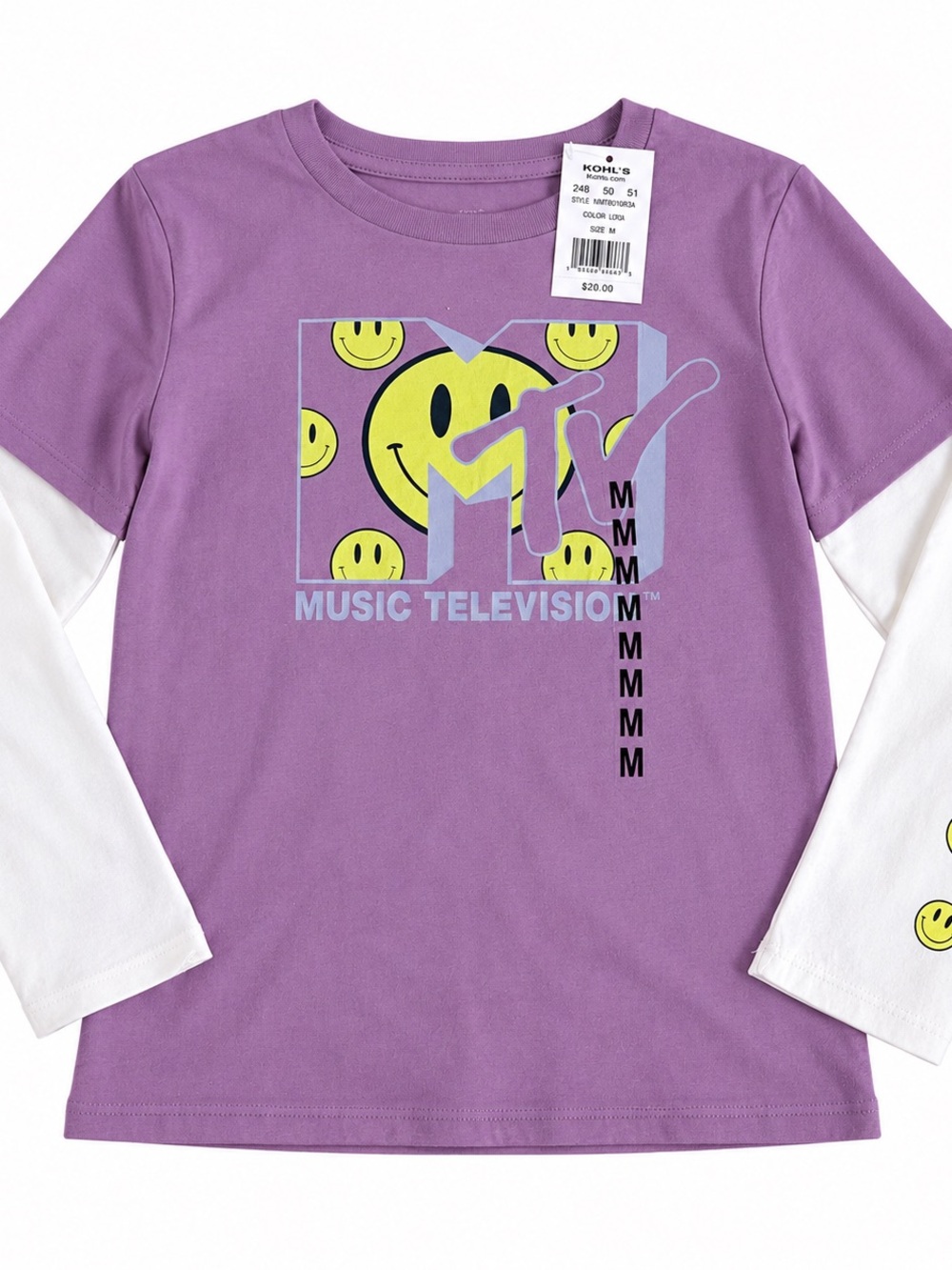 MTV Girls Purple Smiley Face Layered Long Sleeve Shirt Size M New With Tags